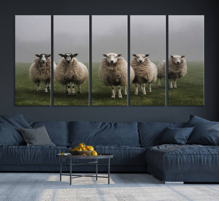 Rustic Sheep Canvas Wall Art Print - Farm Animal Trio in Pastoral Setting, Country Style Wall Art Decor for Living Room, or Farmhouse, Ready to Hang