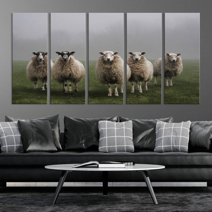 Rustic Sheep Canvas Wall Art Print - Farm Animal Trio in Pastoral Setting, Country Style Wall Art Decor for Living Room, or Farmhouse, Ready to Hang