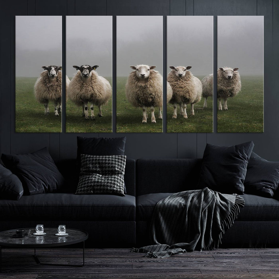 Rustic Sheep Canvas Wall Art Print - Farm Animal Trio in Pastoral Setting, Country Style Wall Art Decor for Living Room, or Farmhouse, Ready to Hang