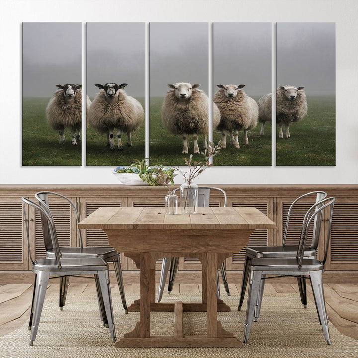 Rustic Sheep Canvas Wall Art Print - Farm Animal Trio in Pastoral Setting, Country Style Wall Art Decor for Living Room, or Farmhouse, Ready to Hang