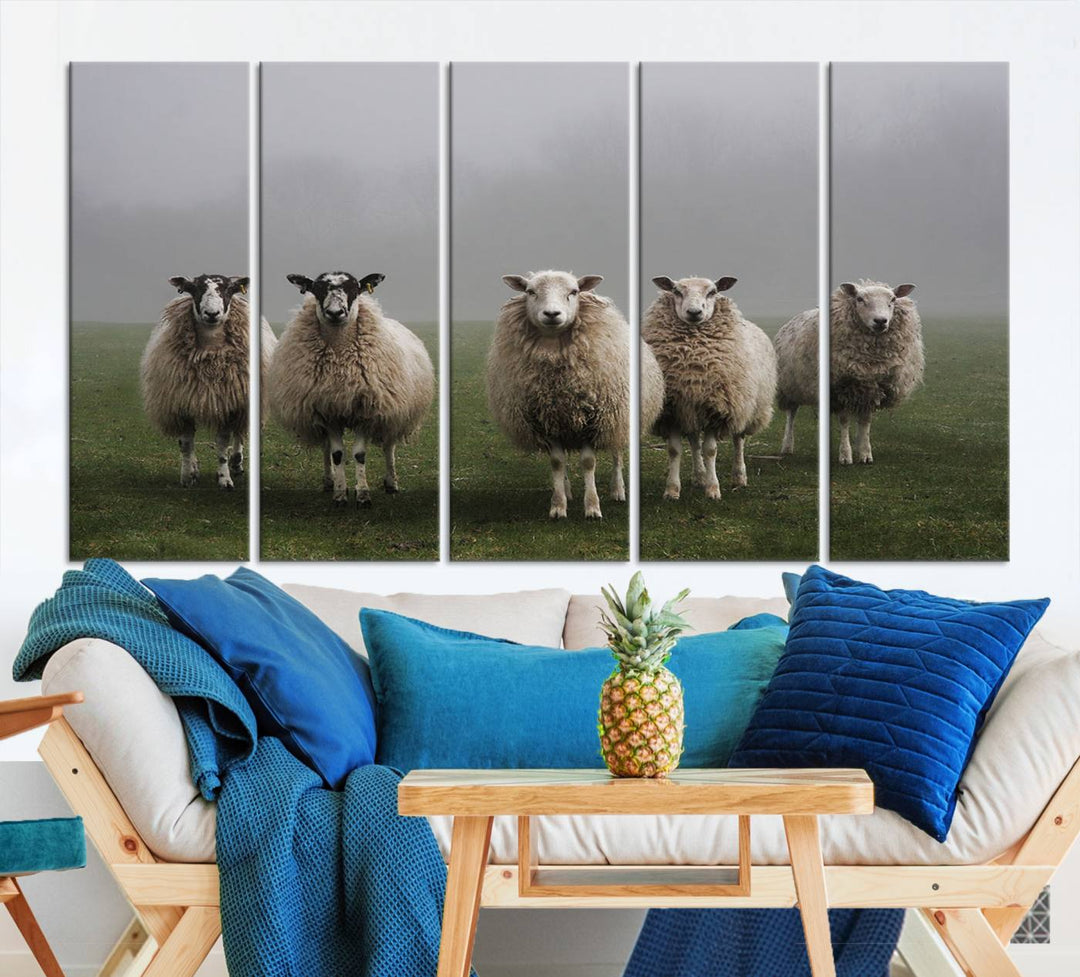 Rustic Sheep Canvas Wall Art Print - Farm Animal Trio in Pastoral Setting, Country Style Wall Art Decor for Living Room, or Farmhouse, Ready to Hang