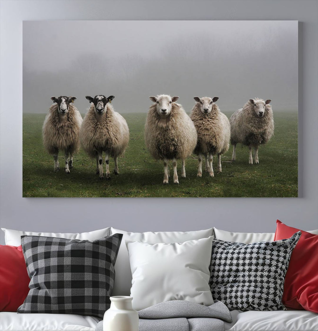 Rustic Sheep Canvas Wall Art Print - Farm Animal Trio in Pastoral Setting, Country Style Wall Art Decor for Living Room, or Farmhouse, Ready to Hang