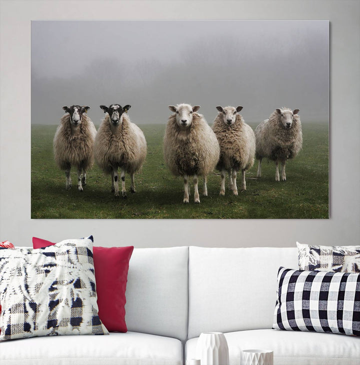 Rustic Sheep Canvas Wall Art Print - Farm Animal Trio in Pastoral Setting, Country Style Wall Art Decor for Living Room, or Farmhouse, Ready to Hang