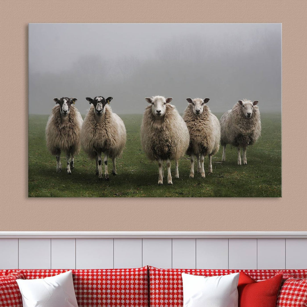 Rustic Sheep Canvas Wall Art Print - Farm Animal Trio in Pastoral Setting, Country Style Wall Art Decor for Living Room, or Farmhouse, Ready to Hang