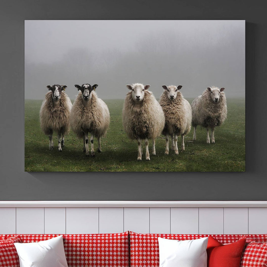 Rustic Sheep Canvas Wall Art Print - Farm Animal Trio in Pastoral Setting, Country Style Wall Art Decor for Living Room, or Farmhouse, Ready to Hang