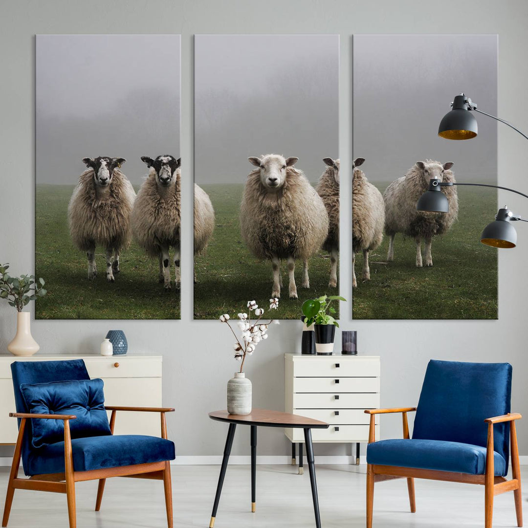 Rustic Sheep Canvas Wall Art Print - Farm Animal Trio in Pastoral Setting, Country Style Wall Art Decor for Living Room, or Farmhouse, Ready to Hang