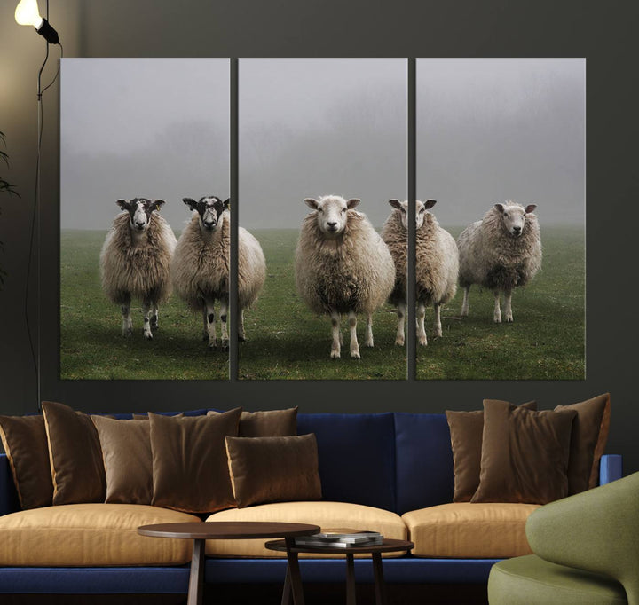 Rustic Sheep Canvas Wall Art Print - Farm Animal Trio in Pastoral Setting, Country Style Wall Art Decor for Living Room, or Farmhouse, Ready to Hang