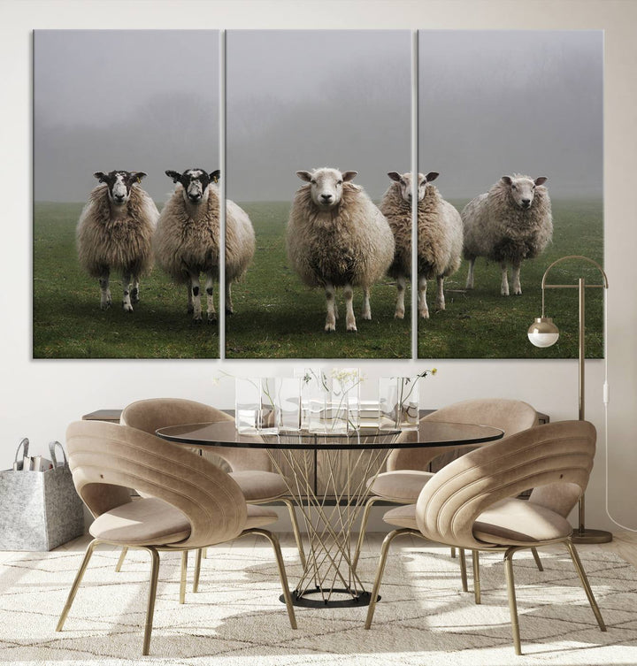 Rustic Sheep Canvas Wall Art Print - Farm Animal Trio in Pastoral Setting, Country Style Wall Art Decor for Living Room, or Farmhouse, Ready to Hang