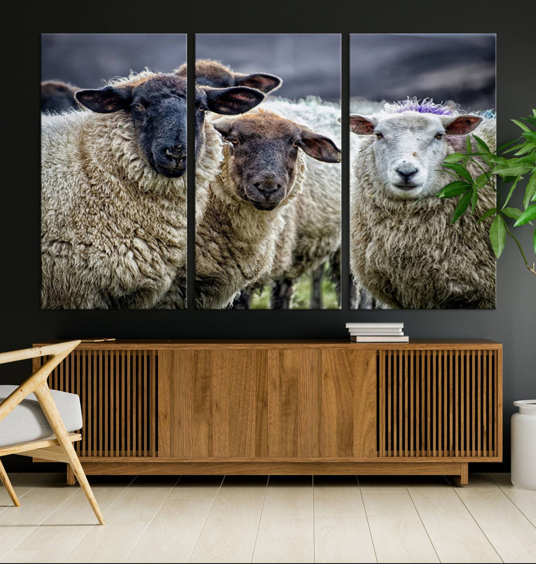 Rustic Sheep Canvas Wall Art Print - Farm Animal Trio in Pastoral Setting, Country Wall Art Decor for Living Room, Bedroom, Farmhouse, Ready to Hang