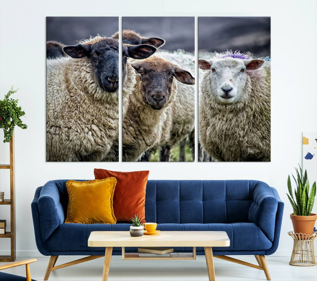 Rustic Sheep Canvas Wall Art Print - Farm Animal Trio in Pastoral Setting, Country Wall Art Decor for Living Room, Bedroom, Farmhouse, Ready to Hang