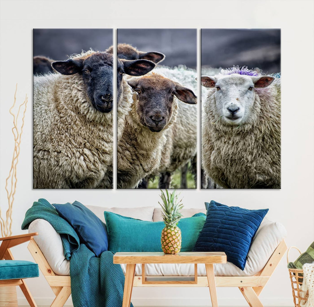 Rustic Sheep Canvas Wall Art Print - Farm Animal Trio in Pastoral Setting, Country Wall Art Decor for Living Room, Bedroom, Farmhouse, Ready to Hang