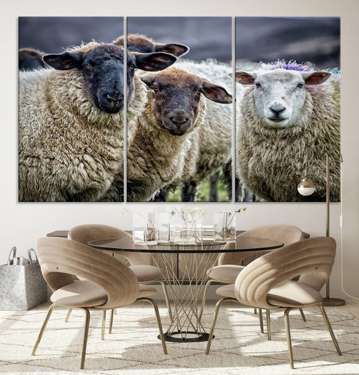 Rustic Sheep Canvas Wall Art Print - Farm Animal Trio in Pastoral Setting, Country Wall Art Decor for Living Room, Bedroom, Farmhouse, Ready to Hang