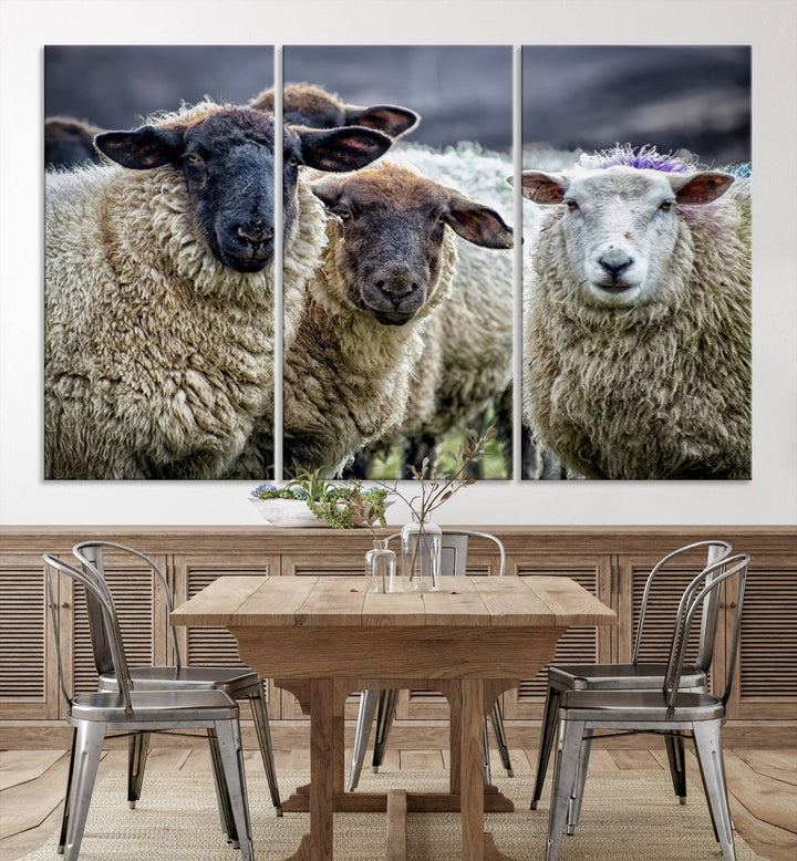 Rustic Sheep Canvas Wall Art Print - Farm Animal Trio in Pastoral Setting, Country Wall Art Decor for Living Room, Bedroom, Farmhouse, Ready to Hang