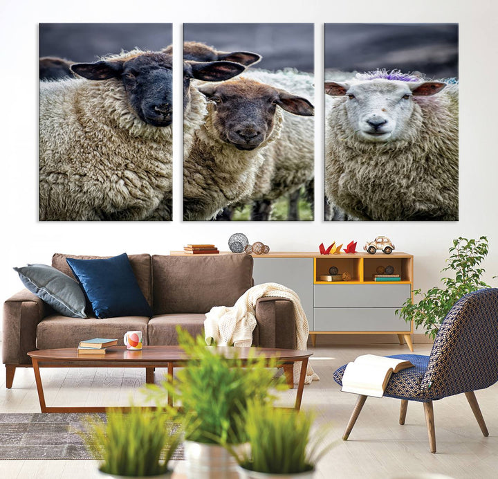 Rustic Sheep Canvas Wall Art Print - Farm Animal Trio in Pastoral Setting, Country Wall Art Decor for Living Room, Bedroom, Farmhouse, Ready to Hang