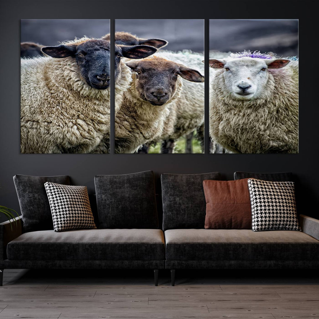 Rustic Sheep Canvas Wall Art Print - Farm Animal Trio in Pastoral Setting, Country Wall Art Decor for Living Room, Bedroom, Farmhouse, Ready to Hang