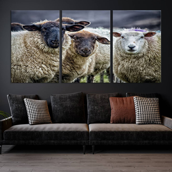 Rustic Sheep Canvas Wall Art Print - Farm Animal Trio in Pastoral Setting, Country Wall Art Decor for Living Room, Bedroom, Farmhouse, Ready to Hang