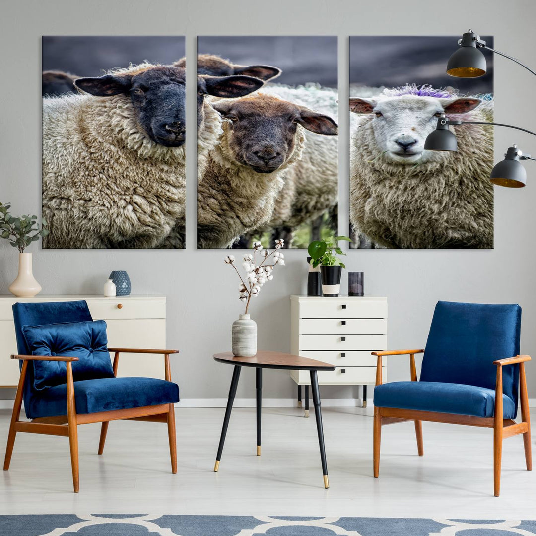 Rustic Sheep Canvas Wall Art Print - Farm Animal Trio in Pastoral Setting, Country Wall Art Decor for Living Room, Bedroom, Farmhouse, Ready to Hang