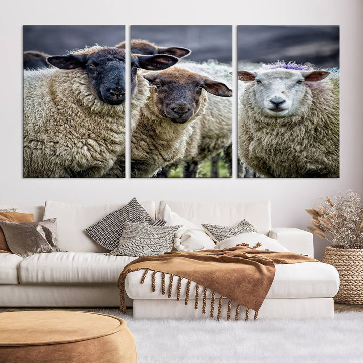 Rustic Sheep Canvas Wall Art Print - Farm Animal Trio in Pastoral Setting, Country Wall Art Decor for Living Room, Bedroom, Farmhouse, Ready to Hang