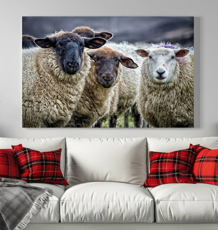 Rustic Sheep Canvas Wall Art Print - Farm Animal Trio in Pastoral Setting, Country Wall Art Decor for Living Room, Bedroom, Farmhouse, Ready to Hang