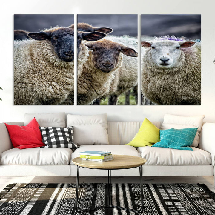 Rustic Sheep Canvas Wall Art Print - Farm Animal Trio in Pastoral Setting, Country Wall Art Decor for Living Room, Bedroom, Farmhouse, Ready to Hang