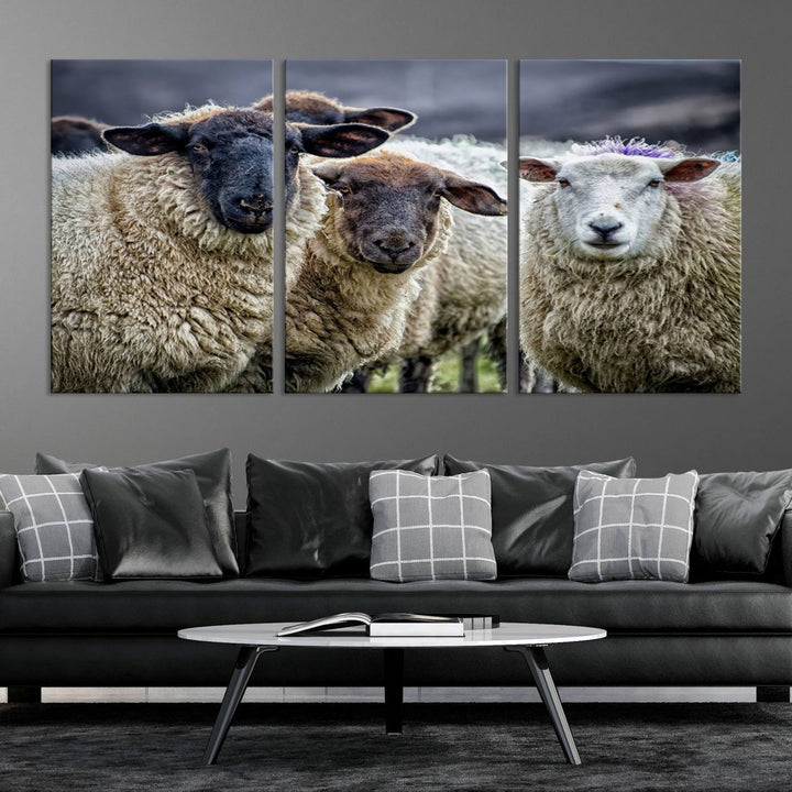 Rustic Sheep Canvas Wall Art Print - Farm Animal Trio in Pastoral Setting, Country Wall Art Decor for Living Room, Bedroom, Farmhouse, Ready to Hang