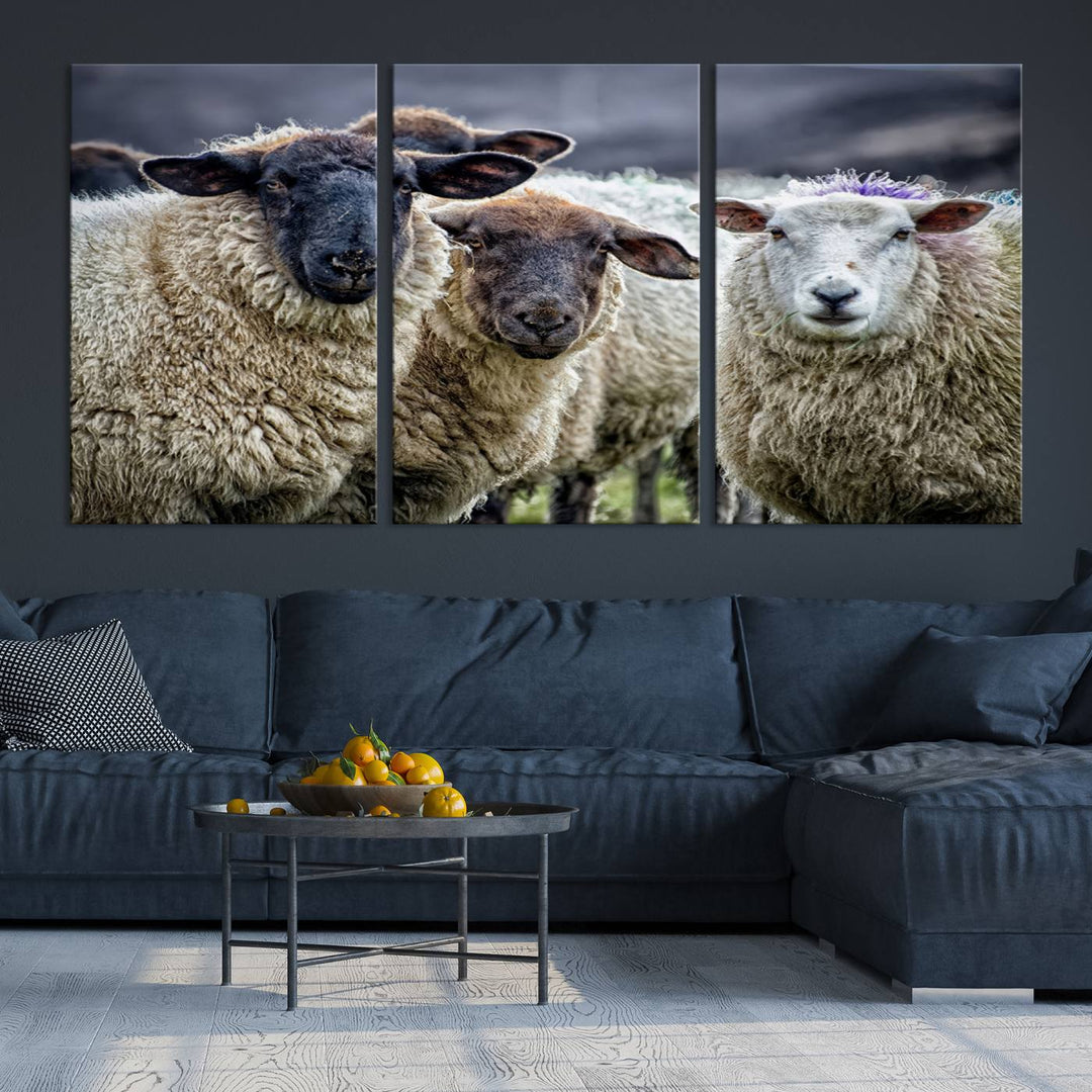 Rustic Sheep Canvas Wall Art Print - Farm Animal Trio in Pastoral Setting, Country Wall Art Decor for Living Room, Bedroom, Farmhouse, Ready to Hang