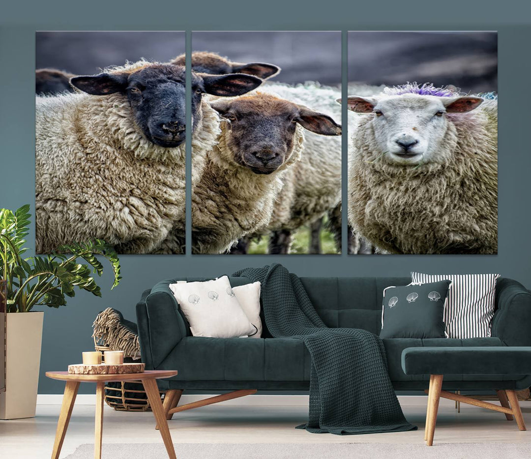 Rustic Sheep Canvas Wall Art Print - Farm Animal Trio in Pastoral Setting, Country Wall Art Decor for Living Room, Bedroom, Farmhouse, Ready to Hang