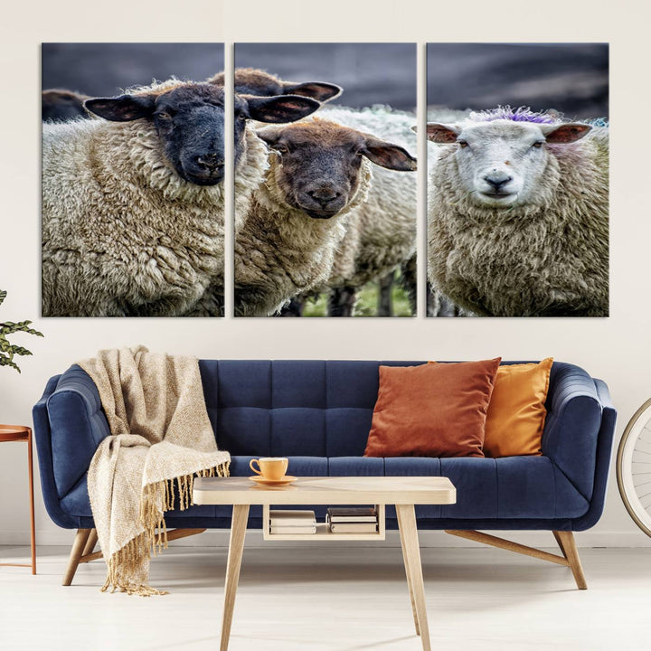 Rustic Sheep Canvas Wall Art Print - Farm Animal Trio in Pastoral Setting, Country Wall Art Decor for Living Room, Bedroom, Farmhouse, Ready to Hang