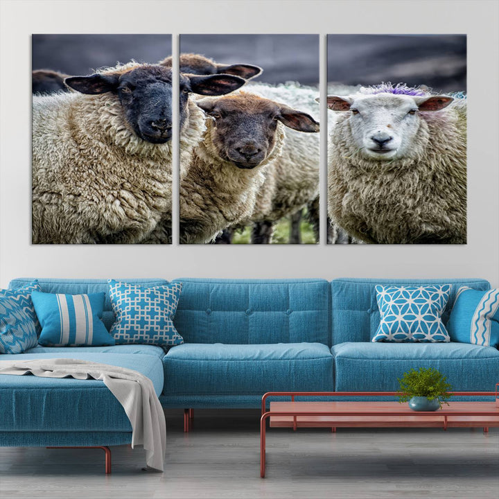 Rustic Sheep Canvas Wall Art Print - Farm Animal Trio in Pastoral Setting, Country Wall Art Decor for Living Room, Bedroom, Farmhouse, Ready to Hang