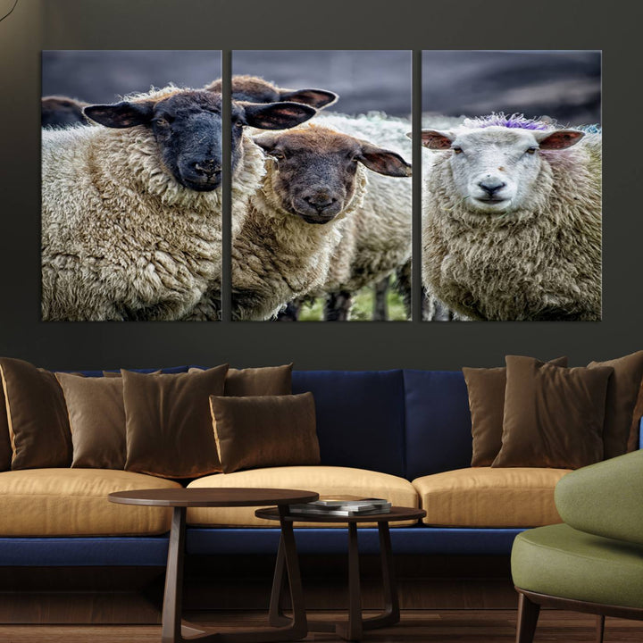 Rustic Sheep Canvas Wall Art Print - Farm Animal Trio in Pastoral Setting, Country Wall Art Decor for Living Room, Bedroom, Farmhouse, Ready to Hang