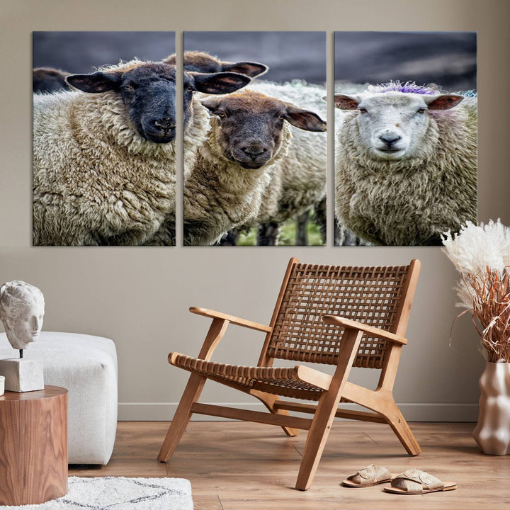 Rustic Sheep Canvas Wall Art Print - Farm Animal Trio in Pastoral Setting, Country Wall Art Decor for Living Room, Bedroom, Farmhouse, Ready to Hang