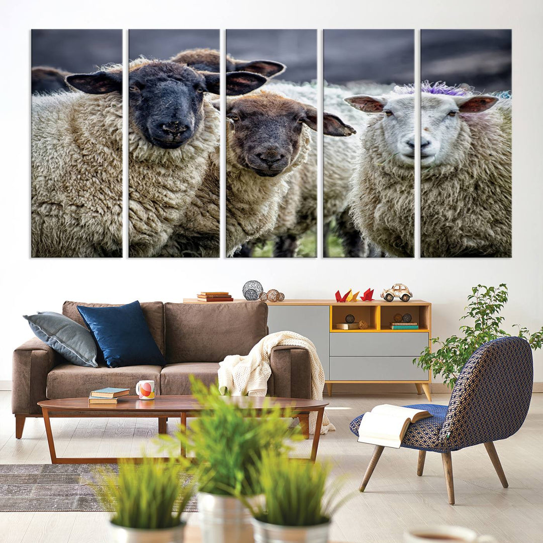 Rustic Sheep Canvas Wall Art Print - Farm Animal Trio in Pastoral Setting, Country Wall Art Decor for Living Room, Bedroom, Farmhouse, Ready to Hang