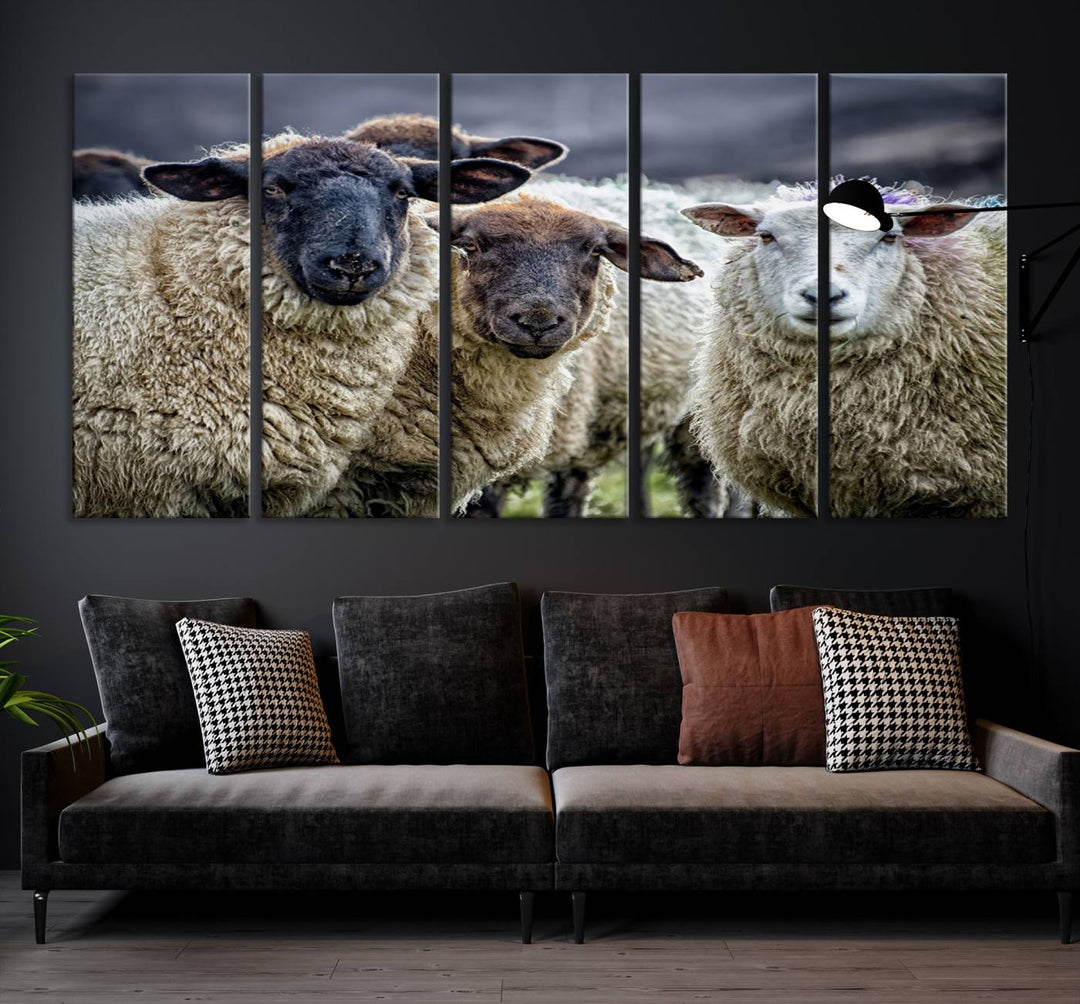 Rustic Sheep Canvas Wall Art Print - Farm Animal Trio in Pastoral Setting, Country Wall Art Decor for Living Room, Bedroom, Farmhouse, Ready to Hang