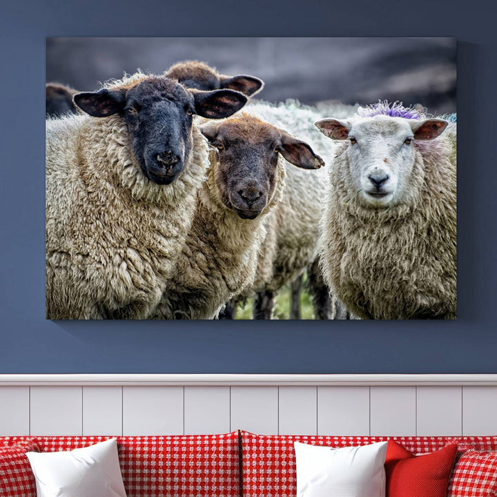 Rustic Sheep Canvas Wall Art Print - Farm Animal Trio in Pastoral Setting, Country Wall Art Decor for Living Room, Bedroom, Farmhouse, Ready to Hang