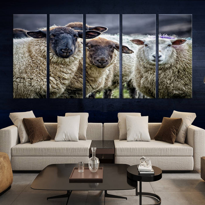 Rustic Sheep Canvas Wall Art Print - Farm Animal Trio in Pastoral Setting, Country Wall Art Decor for Living Room, Bedroom, Farmhouse, Ready to Hang