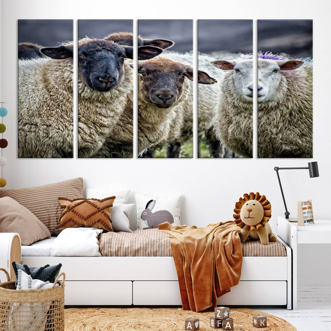 Rustic Sheep Canvas Wall Art Print - Farm Animal Trio in Pastoral Setting, Country Wall Art Decor for Living Room, Bedroom, Farmhouse, Ready to Hang