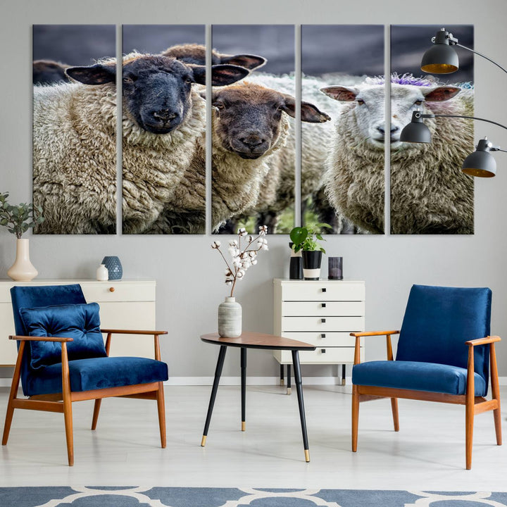 Rustic Sheep Canvas Wall Art Print - Farm Animal Trio in Pastoral Setting, Country Wall Art Decor for Living Room, Bedroom, Farmhouse, Ready to Hang