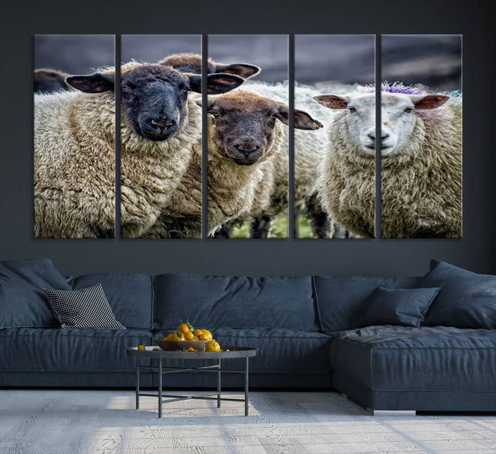 Rustic Sheep Canvas Wall Art Print - Farm Animal Trio in Pastoral Setting, Country Wall Art Decor for Living Room, Bedroom, Farmhouse, Ready to Hang