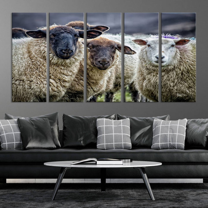 Rustic Sheep Canvas Wall Art Print - Farm Animal Trio in Pastoral Setting, Country Wall Art Decor for Living Room, Bedroom, Farmhouse, Ready to Hang