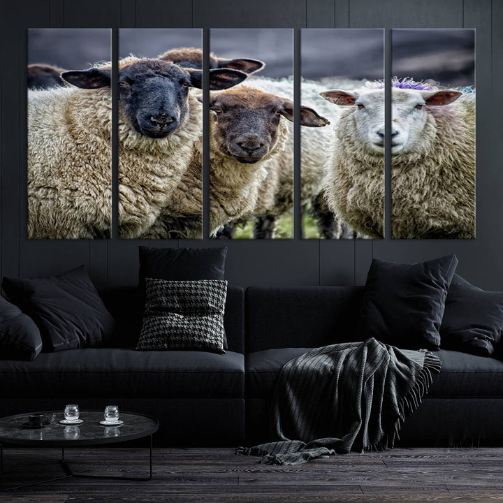 Rustic Sheep Canvas Wall Art Print - Farm Animal Trio in Pastoral Setting, Country Wall Art Decor for Living Room, Bedroom, Farmhouse, Ready to Hang