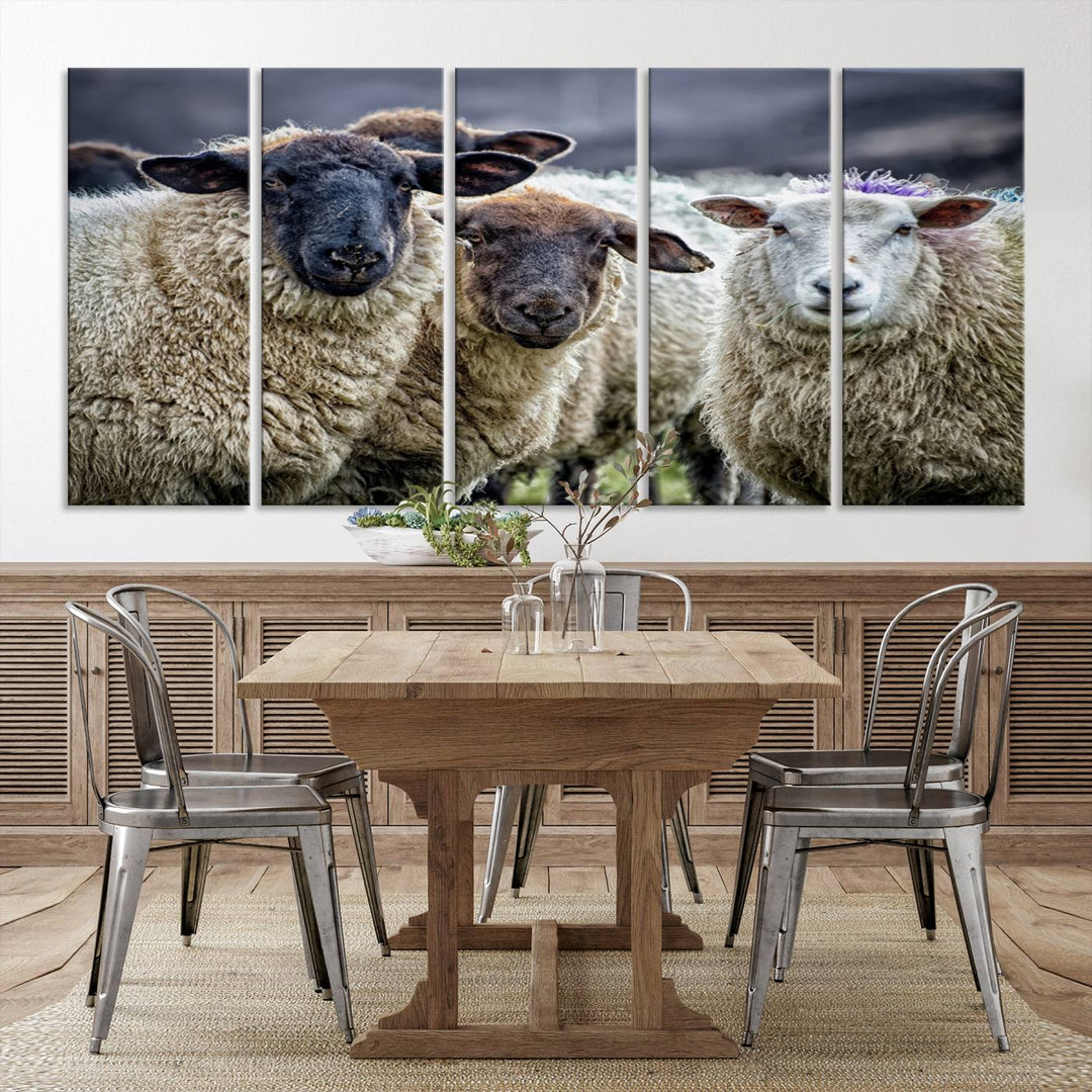 Rustic Sheep Canvas Wall Art Print - Farm Animal Trio in Pastoral Setting, Country Wall Art Decor for Living Room, Bedroom, Farmhouse, Ready to Hang