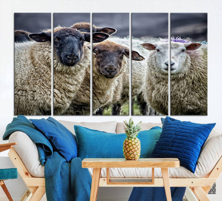 Rustic Sheep Canvas Wall Art Print - Farm Animal Trio in Pastoral Setting, Country Wall Art Decor for Living Room, Bedroom, Farmhouse, Ready to Hang