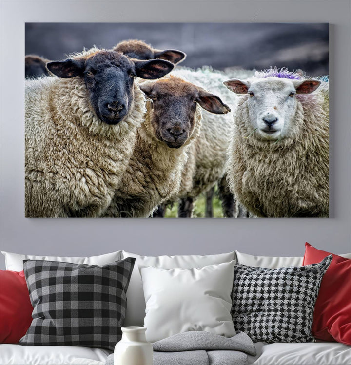 Rustic Sheep Canvas Wall Art Print - Farm Animal Trio in Pastoral Setting, Country Wall Art Decor for Living Room, Bedroom, Farmhouse, Ready to Hang