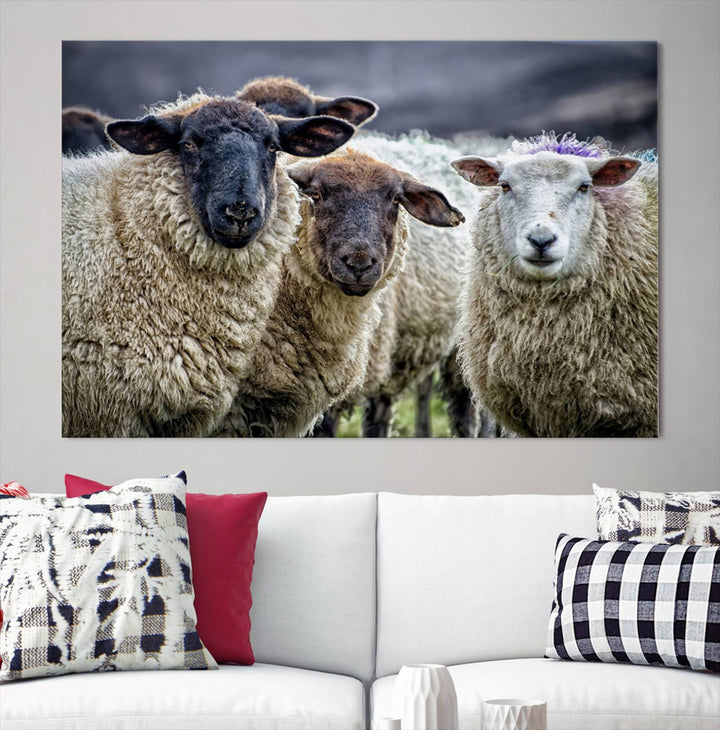 Rustic Sheep Canvas Wall Art Print - Farm Animal Trio in Pastoral Setting, Country Wall Art Decor for Living Room, Bedroom, Farmhouse, Ready to Hang