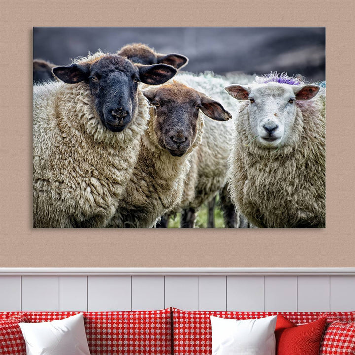 Rustic Sheep Canvas Wall Art Print - Farm Animal Trio in Pastoral Setting, Country Wall Art Decor for Living Room, Bedroom, Farmhouse, Ready to Hang