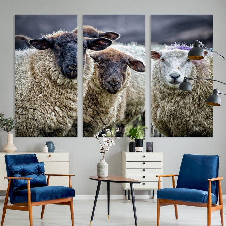 Rustic Sheep Canvas Wall Art Print - Farm Animal Trio in Pastoral Setting, Country Wall Art Decor for Living Room, Bedroom, Farmhouse, Ready to Hang