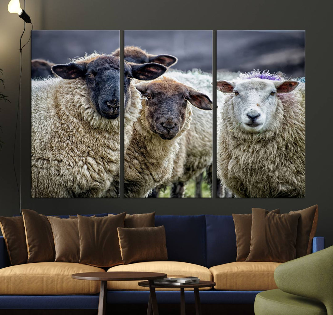 Rustic Sheep Canvas Wall Art Print - Farm Animal Trio in Pastoral Setting, Country Wall Art Decor for Living Room, Bedroom, Farmhouse, Ready to Hang