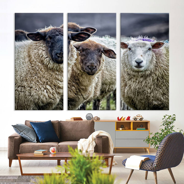 Rustic Sheep Canvas Wall Art Print - Farm Animal Trio in Pastoral Setting, Country Wall Art Decor for Living Room, Bedroom, Farmhouse, Ready to Hang