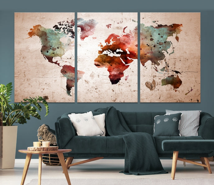 Rustic Watercolor World Map Framed Canvas Wall Art Giclee Print