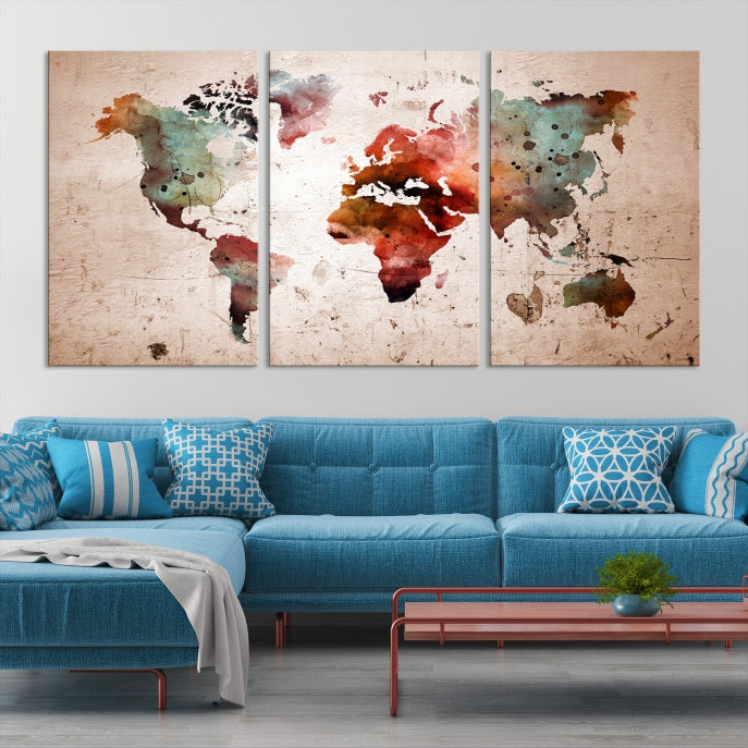 Rustic Watercolor World Map Framed Canvas Wall Art Giclee Print